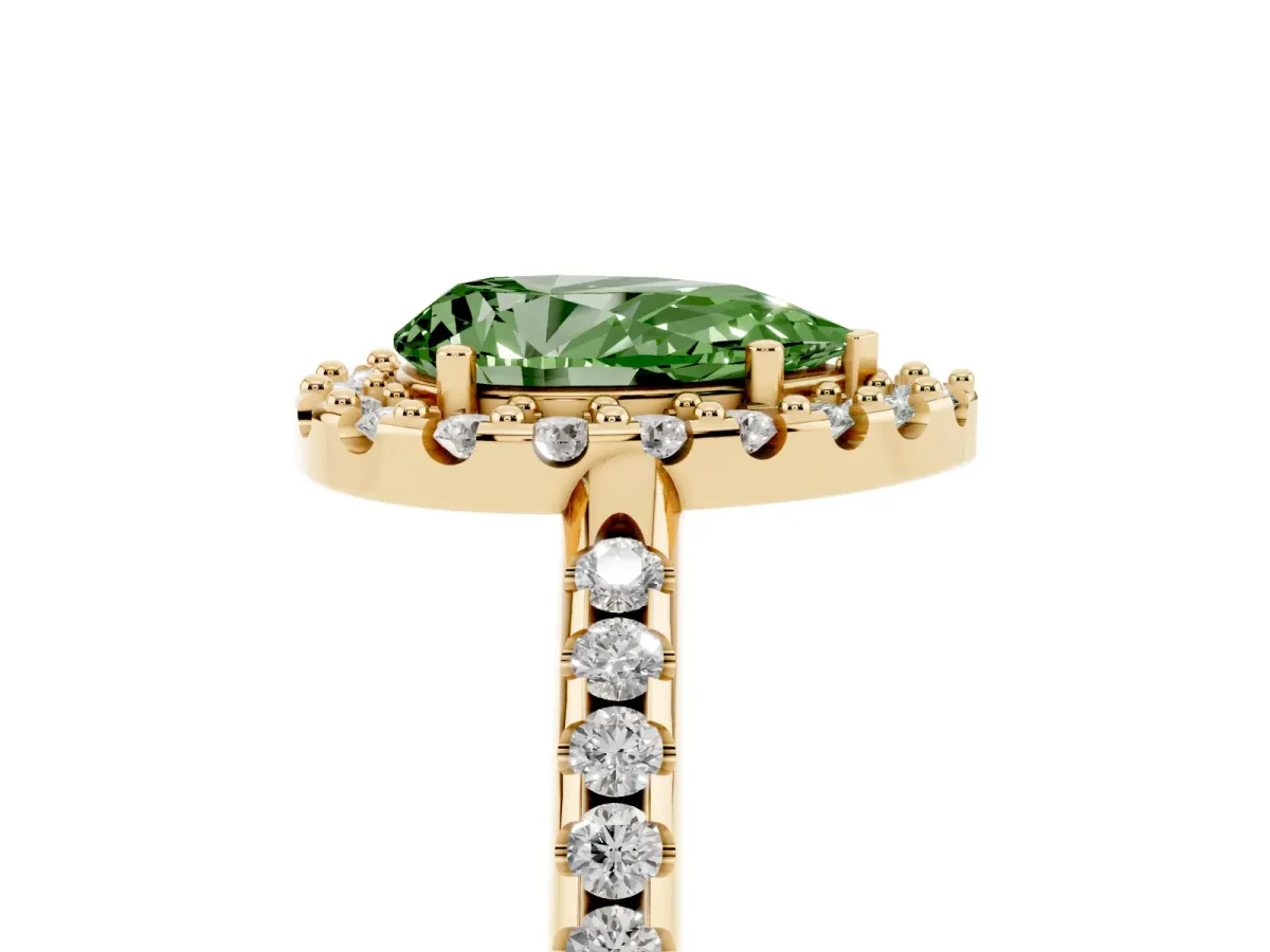 Fancy Green Pear Cut Diamond Pavé Halo Ring with Four-Prong Setting Yellow gold
