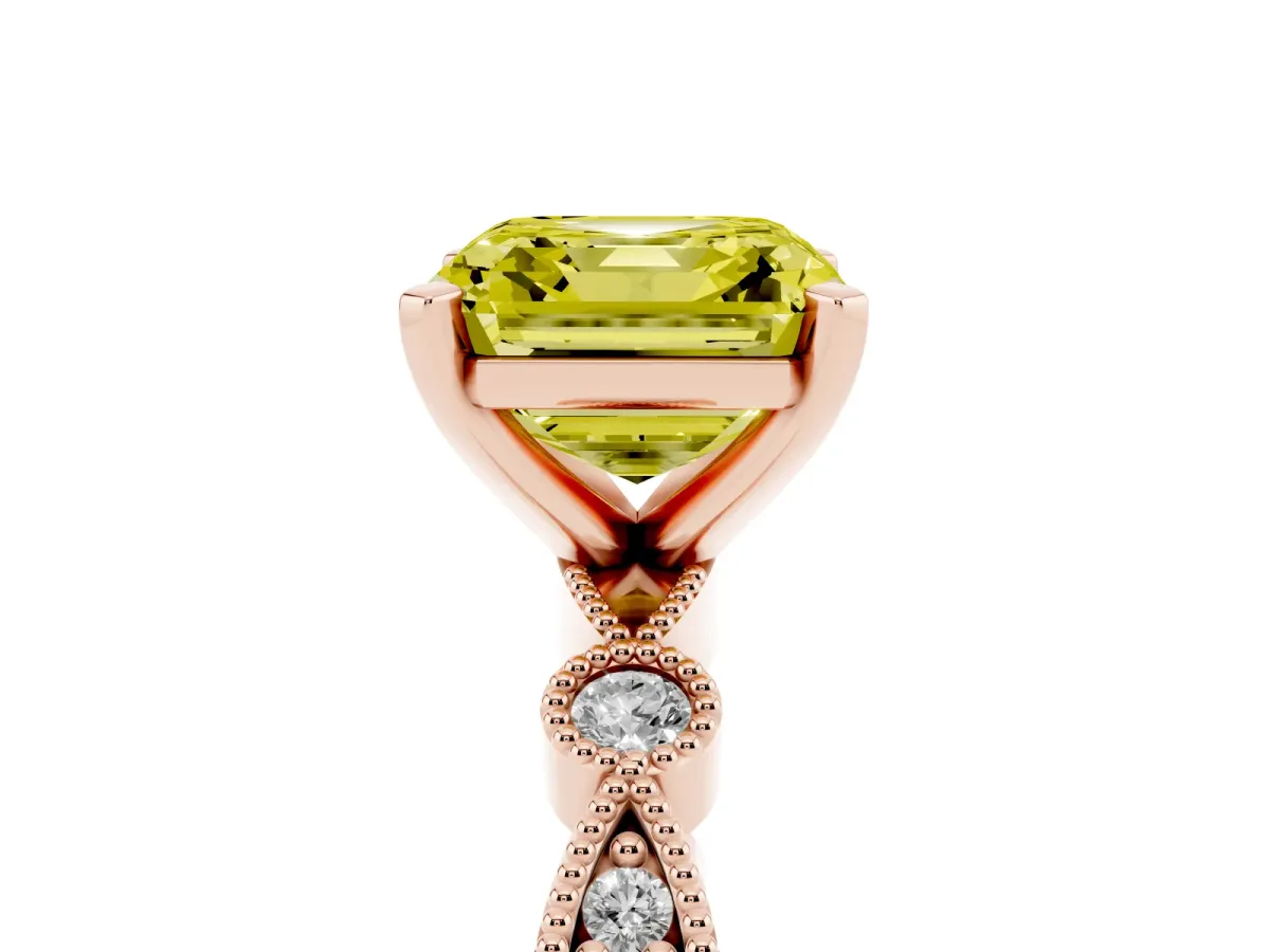 Fancy Yellow Asscher Cut Milgrain Bezel Diamond Engagement Ring with Solitaire Prong Setting Rose gold