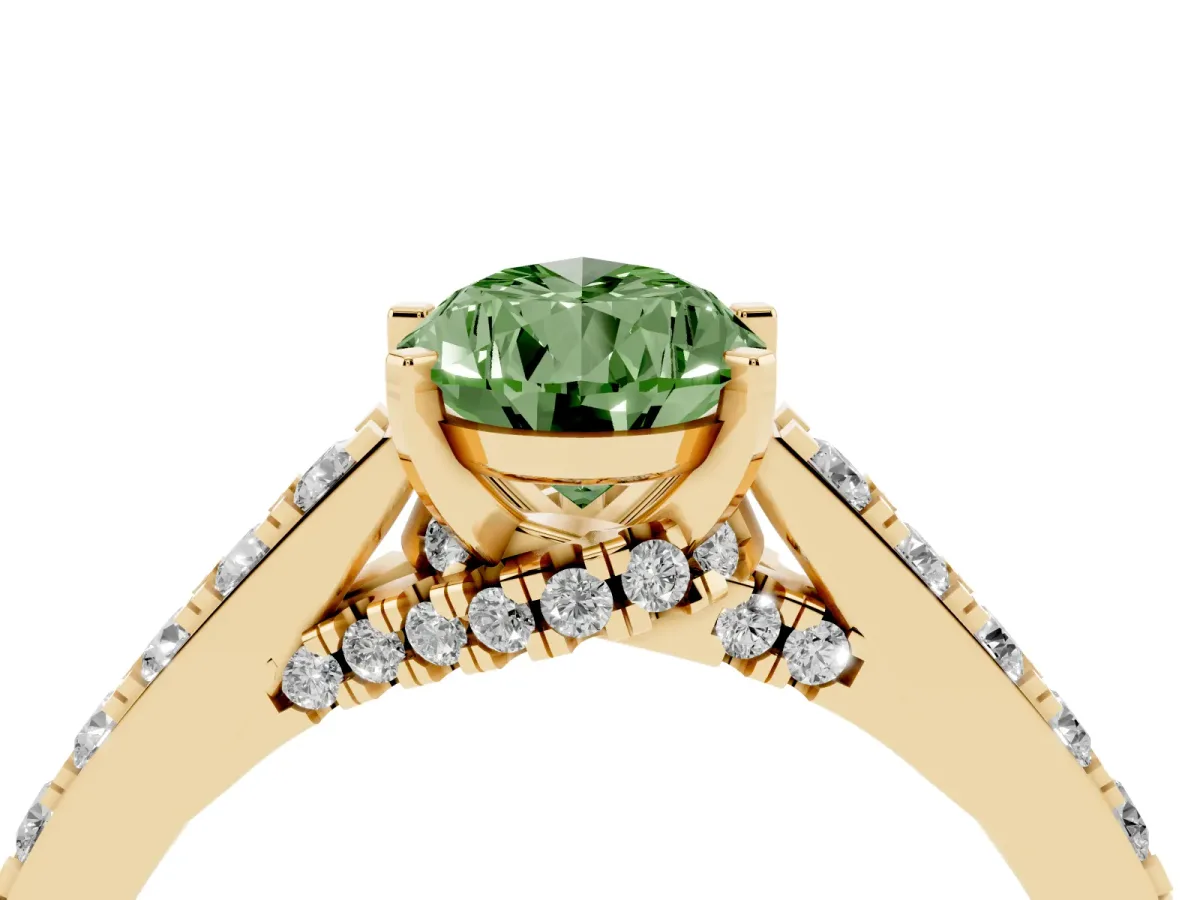 Fancy Green Pear Cut Diamond Solitaire Ring with Crossover Gallery and Round Pavé Band Yellow gold