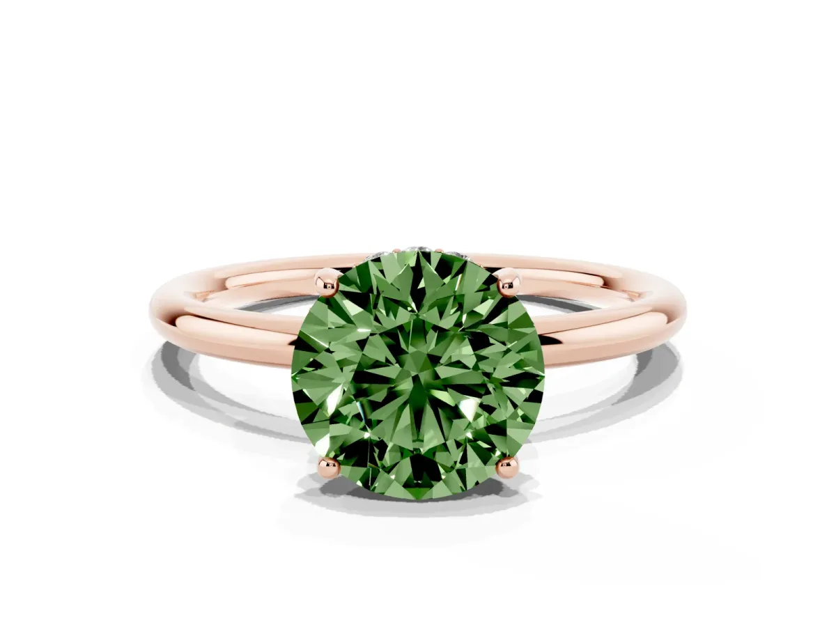 Fancy Green Round Cut Solitaire Diamond Ring with a Classic Band and Four-Prong Setting Rose gold