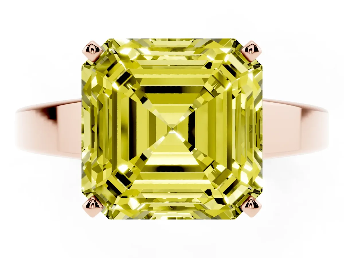 Fancy Yellow Asscher Cut Solitaire Engagement Ring with Four-Prong Setting and Tapered Band Rose gold
