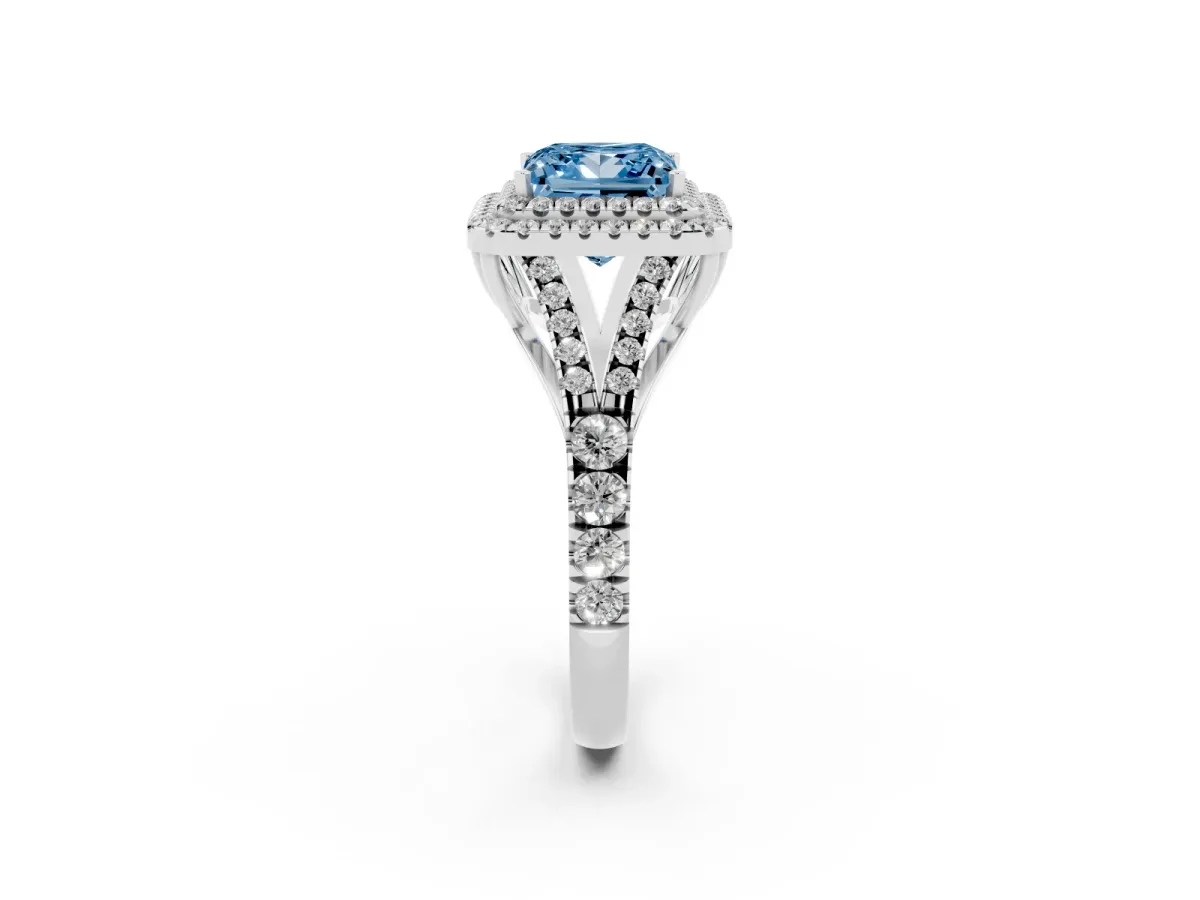 Fancy Blue Princess Cut Cut Double Halo Split Shank Diamond Ring with Prong Setting Silver