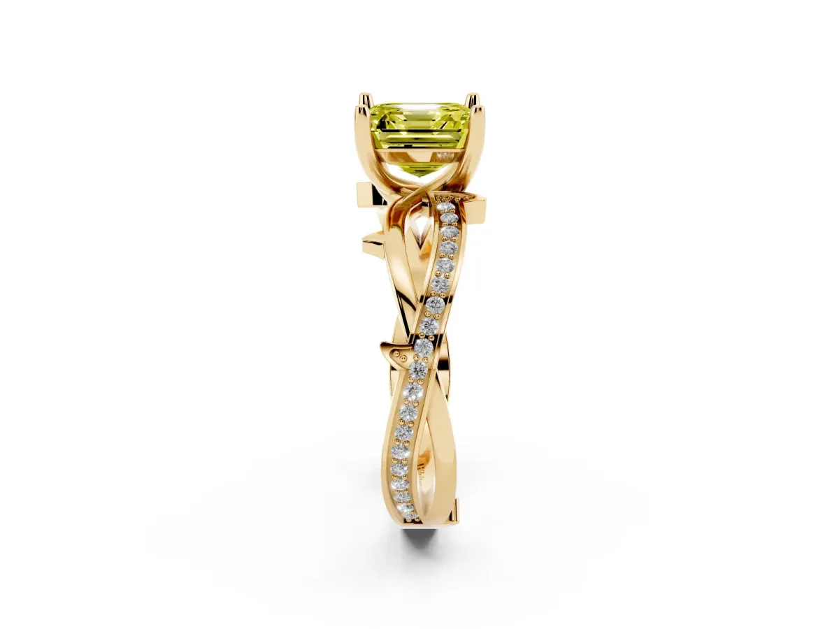 Fancy Yellow Asscher Cut Solitaire Twist Band with Pavé Accents and Four-Prong Setting Yellow gold