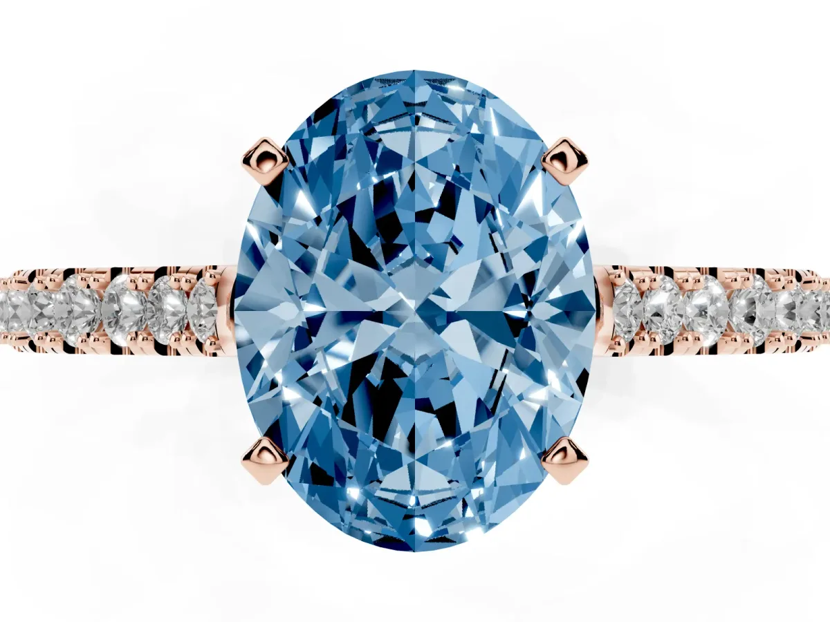 Fancy Blue Oval Cut Cut Solitaire Diamond Engagement Ring with Pave Band and Four-Prong Setting Rose gold
