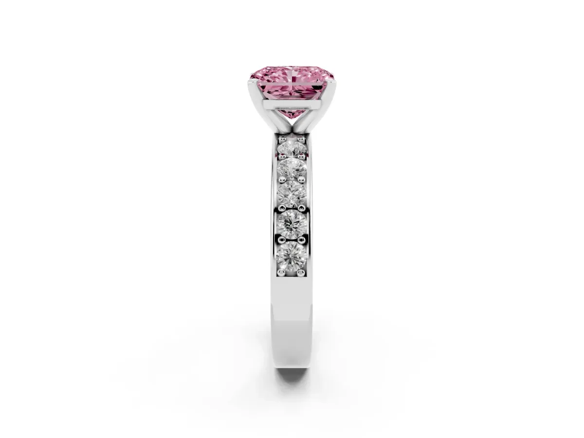Fancy Pink Radiant Cut Diamond Engagement Ring with Channel Set Round Band and Prong Setting Platinum