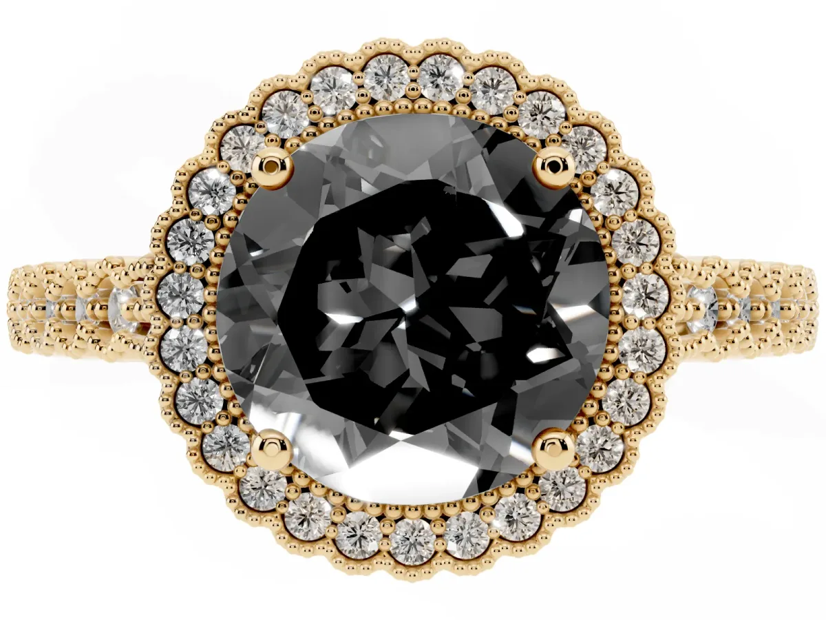 Fancy Black Round Cut Cut Halo Pavé Solitaire Ring with Milgrain Band Yellow gold