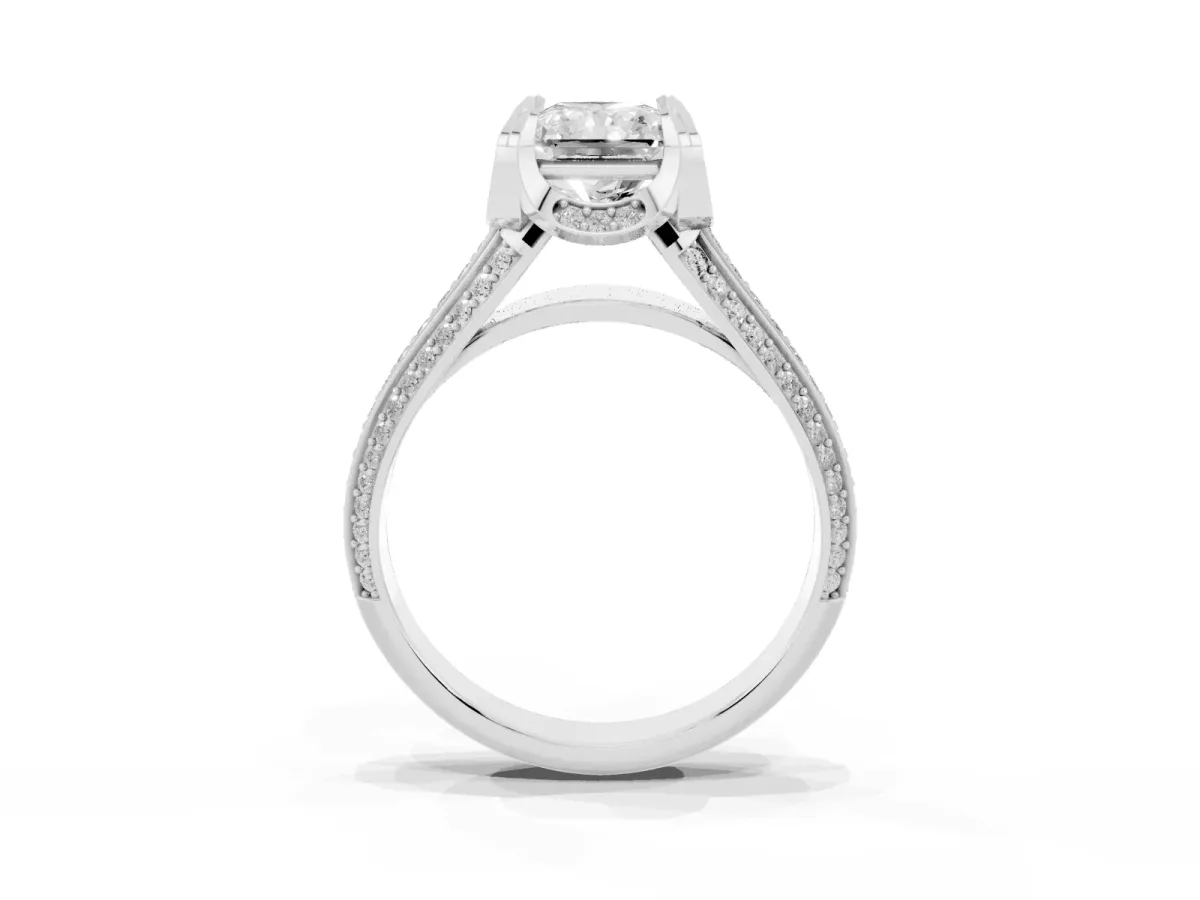 Radiant Cut Solitaire Pave Split Shank Ring with Four-Prong Setting Silver
