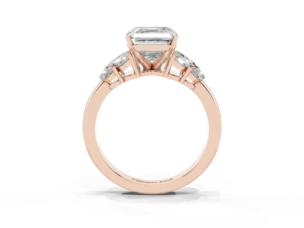 Asscher Cut Diamond Cluster Leaf Design Ring with Prong Setting Rose gold