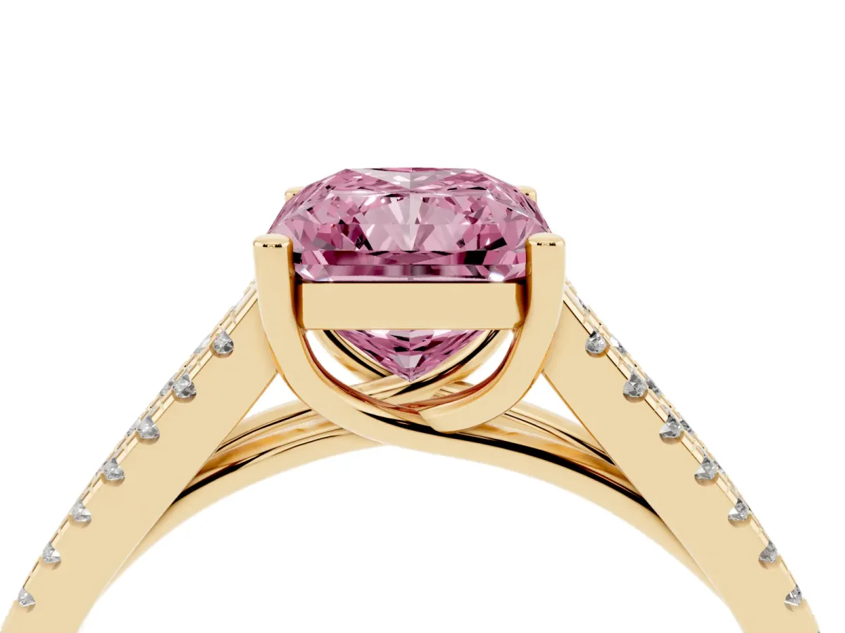 Fancy Pink Radiant Cut Diamond Solitaire Engagement Ring with Split Shank Pavé Band Yellow gold