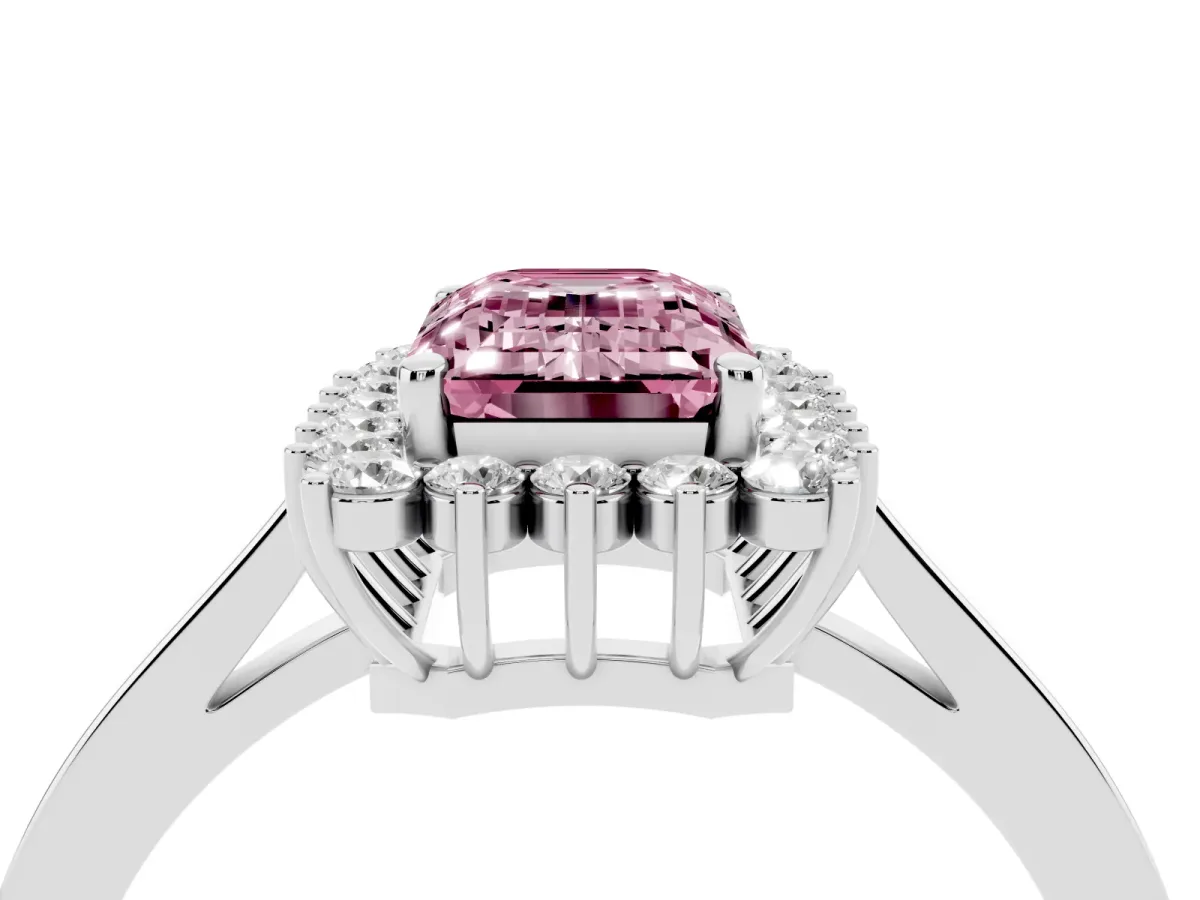 Fancy Pink Emerald Cut Cut Diamond Halo Ring with Round Brilliant Halo and Solitaire Band Platinum