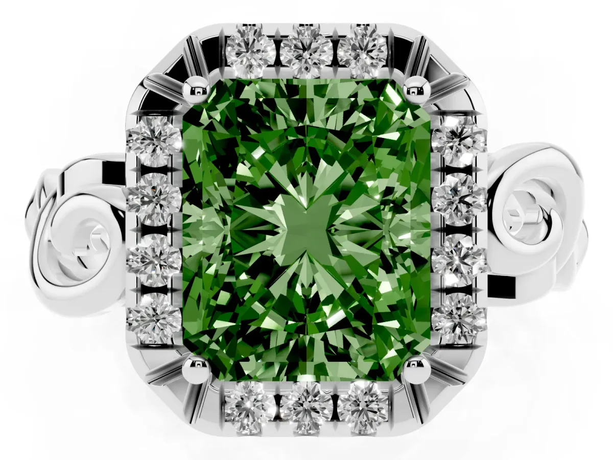 Fancy Green Radiant Cut Cut Halo Diamond Ring with Scrollwork Band and Four-Prong Setting Platinum