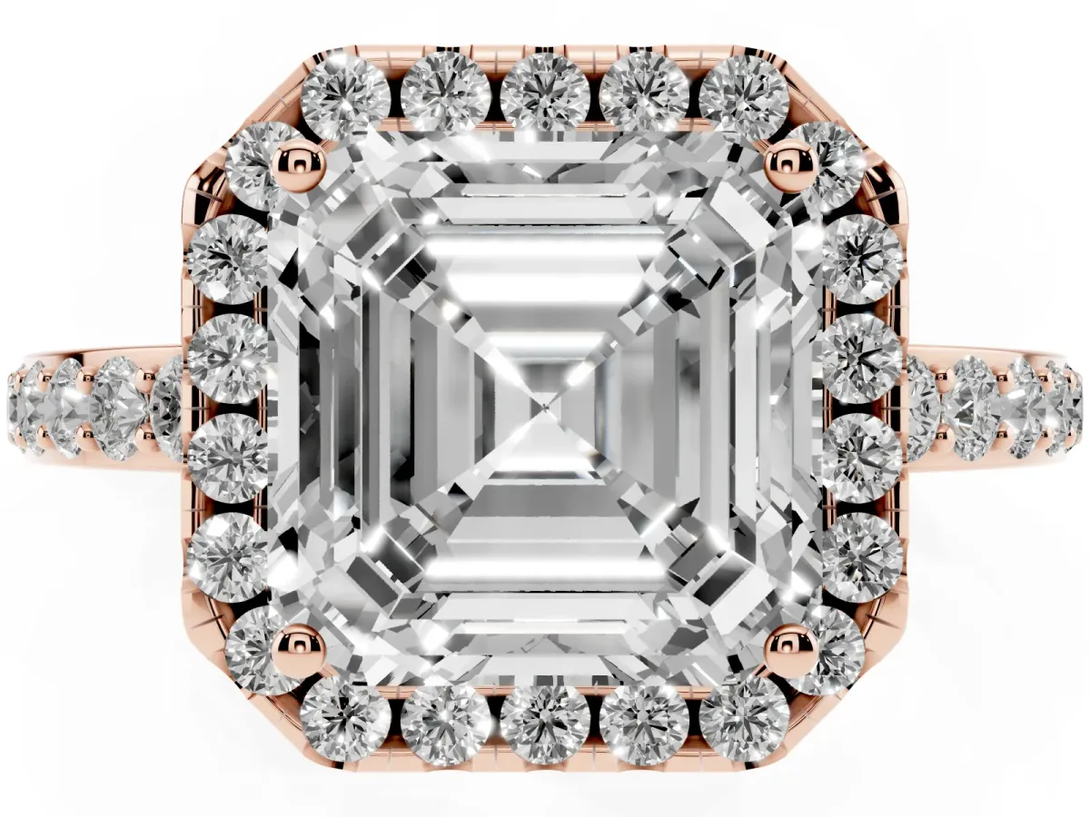 Asscher Cut Halo Diamond Pavé Band Ring with Prong Setting Rose gold