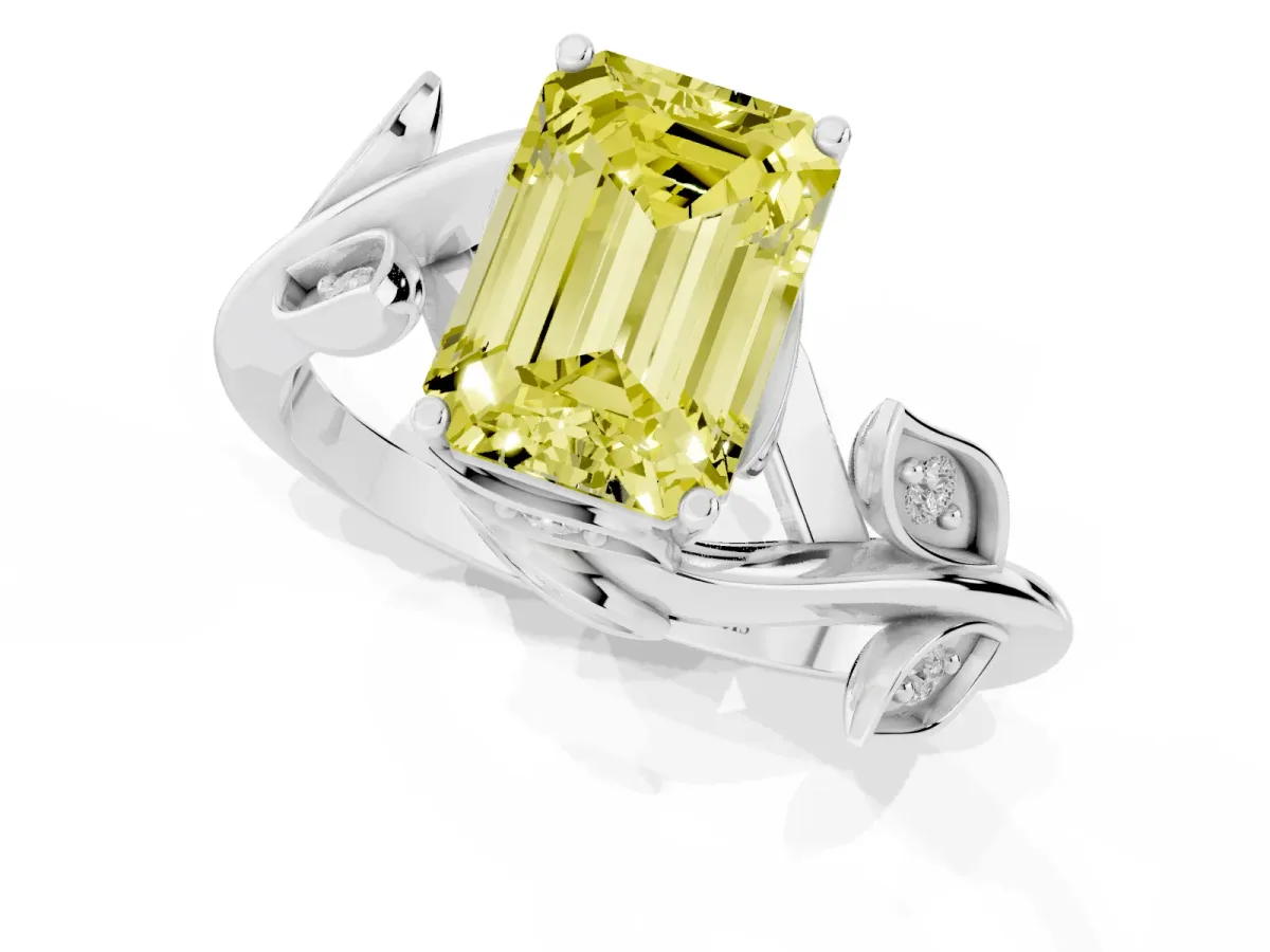 Fancy Yellow Emerald Cut Solitaire Twist Engagement Ring with Leaf Accents and Prong Setting Silver