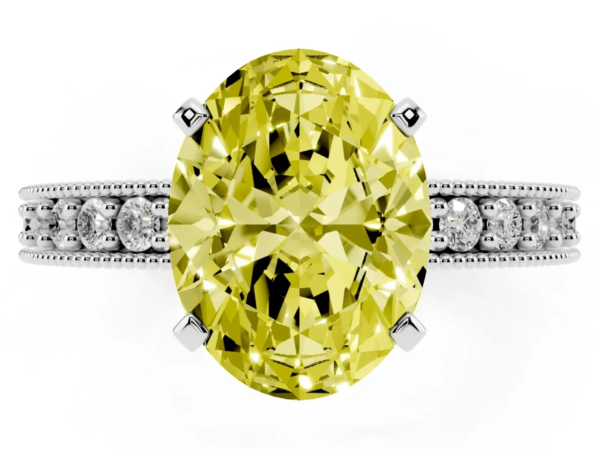 Fancy Yellow Oval Cut Diamond Milgrain Pavé Engagement Ring with Four-Prong Setting Silver