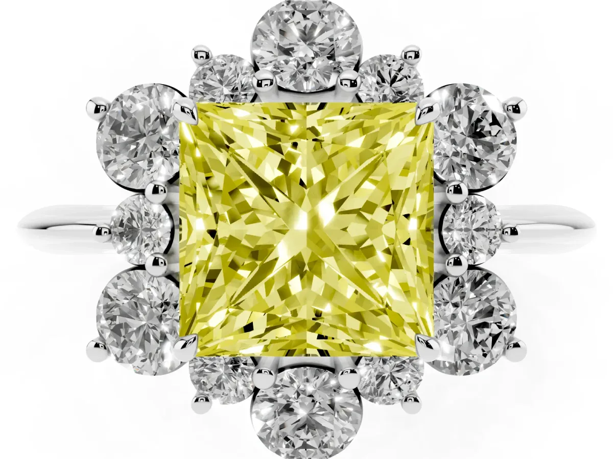 Fancy Yellow Princess Cut Diamond Cluster Halo Ring with Solitaire Band and Four-Prong Setting White gold