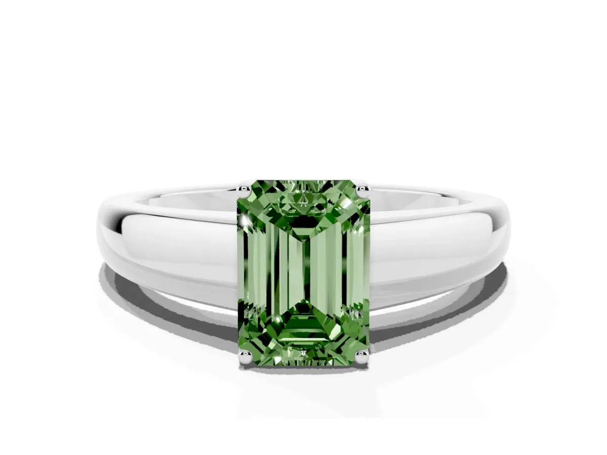Fancy Green Emerald Cut Solitaire Diamond Ring with Tapered Band and Four-Prong Setting White gold