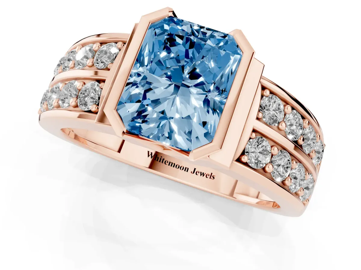 Fancy Blue Radiant Cut Brilliant Diamond Channel Set Wide Band Ring with Bezel Setting Rose gold