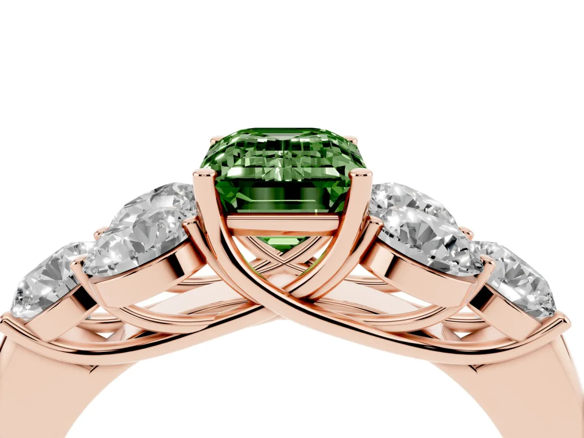 Fancy Green Emerald Cut Cut Diamond Cluster Ring with Round Accent Stones and Prong Setting on a Classic Band Rose gold