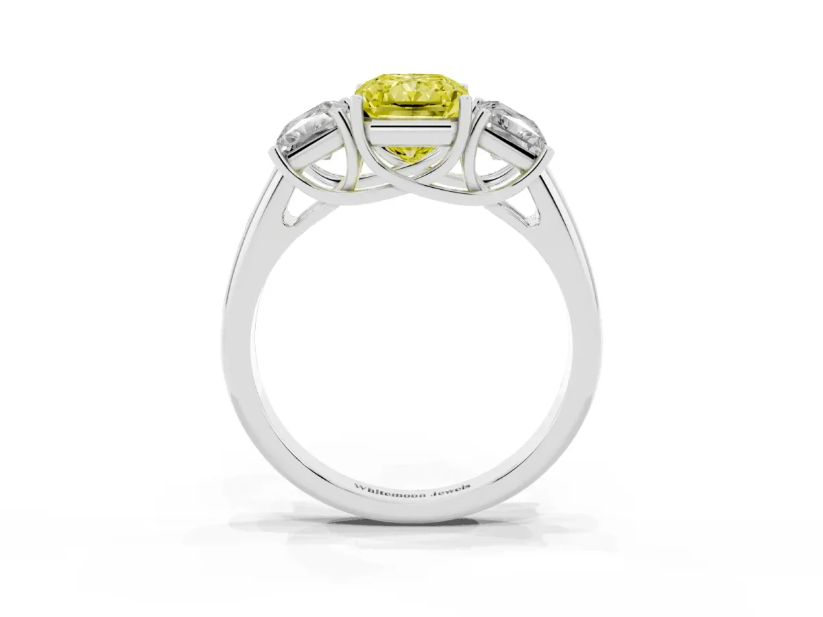 Fancy Yellow Three-Stone Radiant Cut Diamond Engagement Ring with Prong Setting Platinum