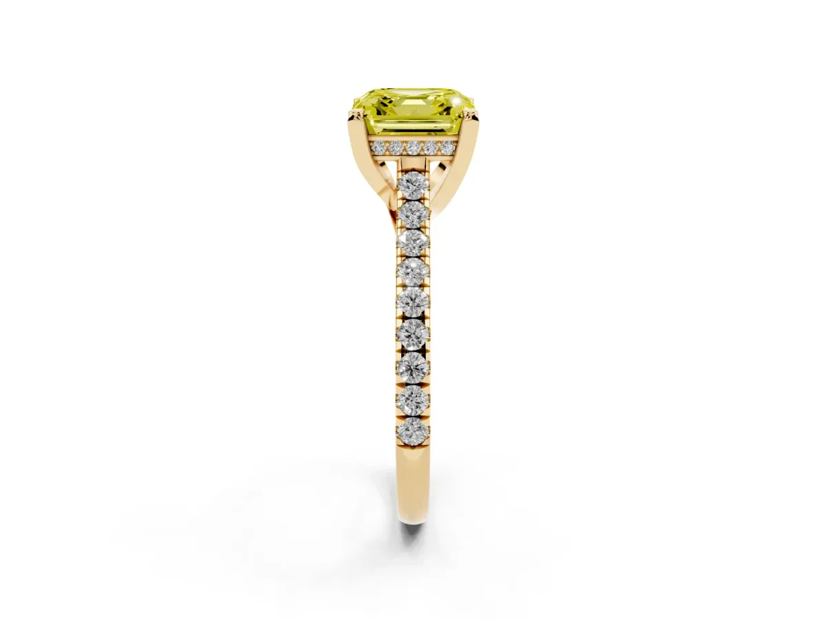 Fancy Yellow Asscher Cut Brilliant Diamond Solitaire with Pavé Band and Four-Prong Setting Yellow gold
