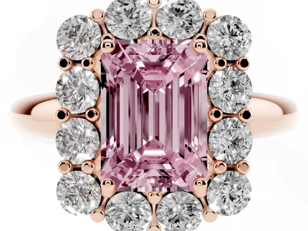 Fancy Pink Emerald Cut Halo Cluster Diamond Engagement Ring with Prong Setting and Polished Band Rose gold