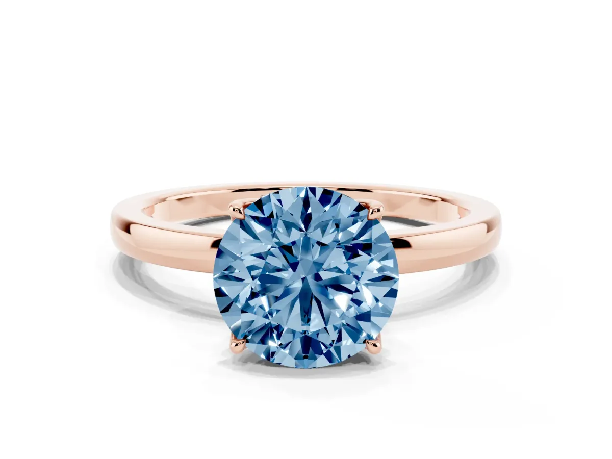 Fancy Blue Round Cut Diamond Solitaire Ring with Thin Band and Prong Setting Rose gold