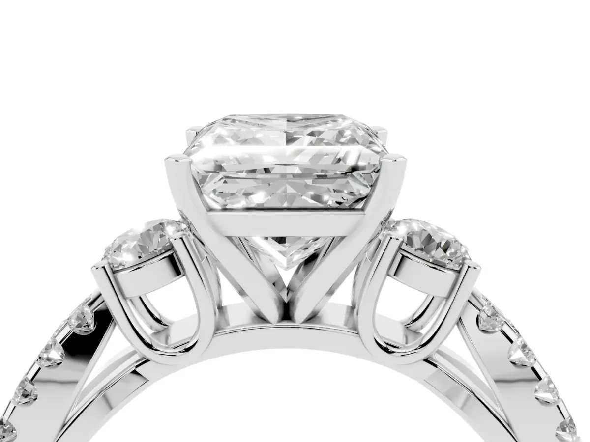 Princess Cut Diamond Three-Stone Ring with Pavé Split Shank and Four-Prong Setting Silver
