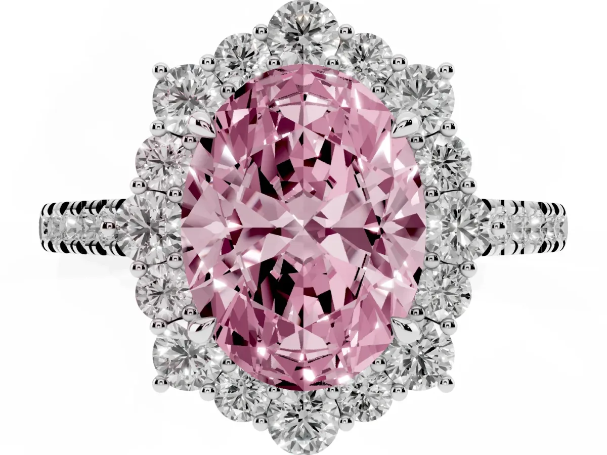 Fancy Pink Oval Cut Halo Diamond Ring with Pavé Band and Prong Setting Silver