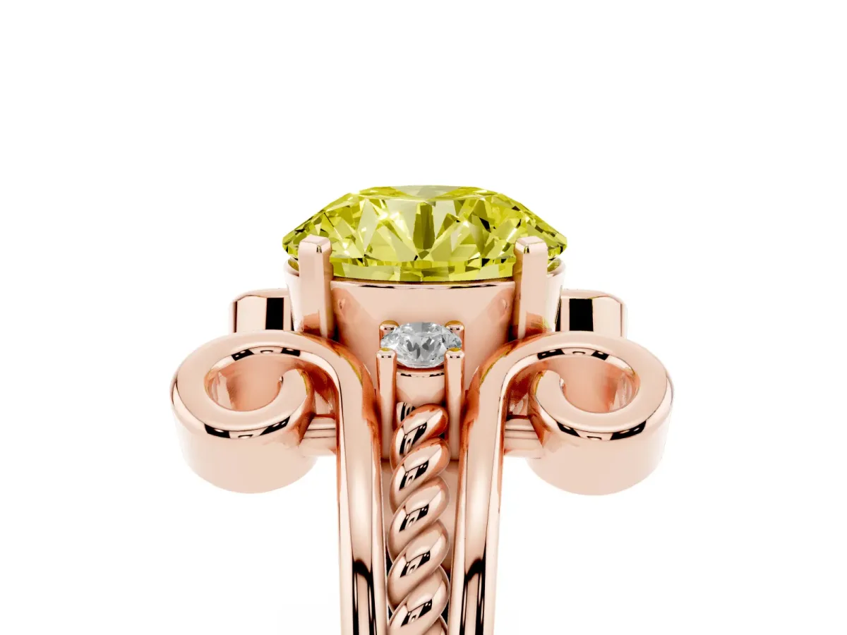 Fancy Yellow Round Cut Solitaire Twisted Band Scroll Prong Ring Rose gold