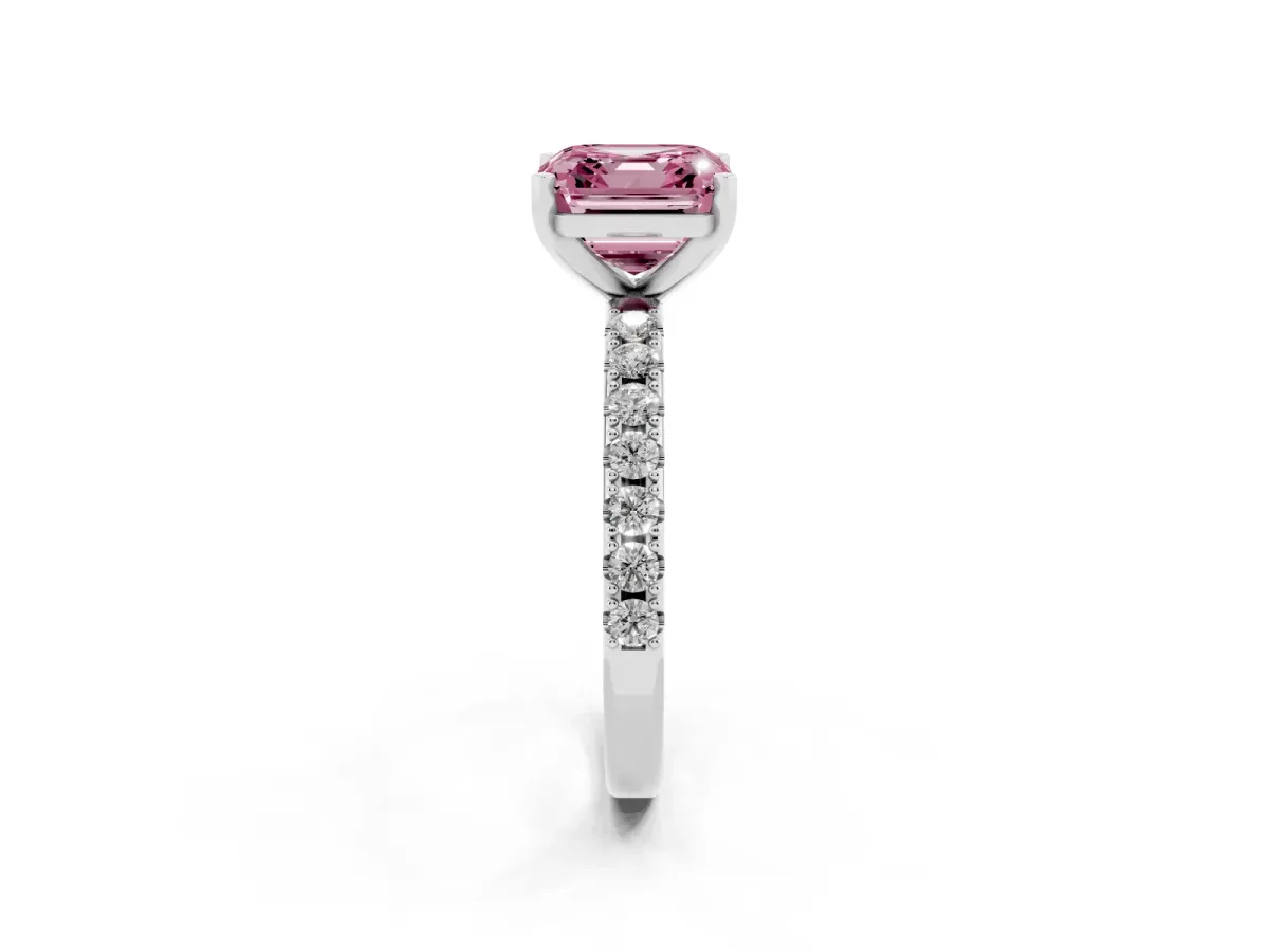 Fancy Pink Asscher Cut Diamond Solitaire Pavé Band with Four-Prong Setting Silver