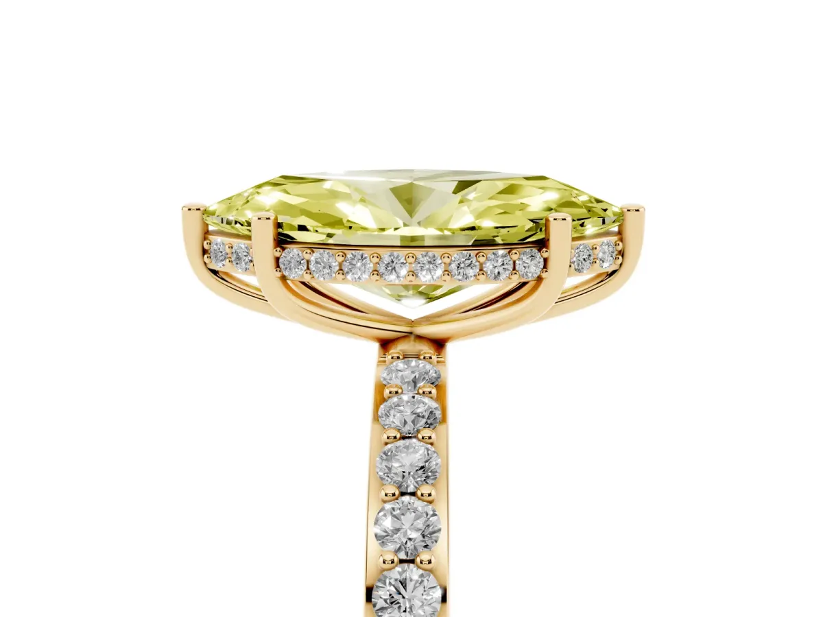 Fancy Yellow Marquise Cut Diamond Solitaire Ring with Pavé Band and Hidden Halo Yellow gold