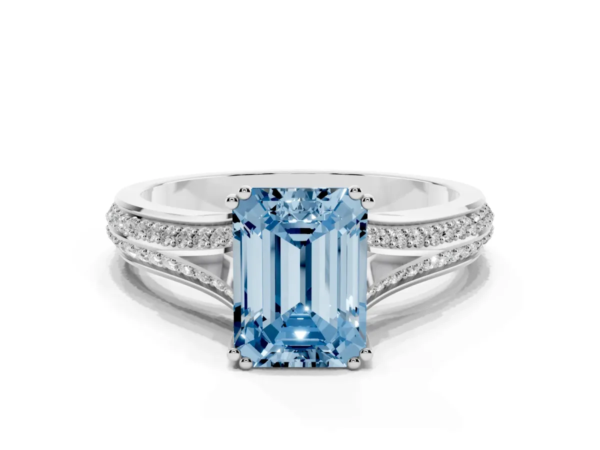 Fancy Blue Emerald Cut Diamond Split Shank Engagement Ring with Pavé Band Silver