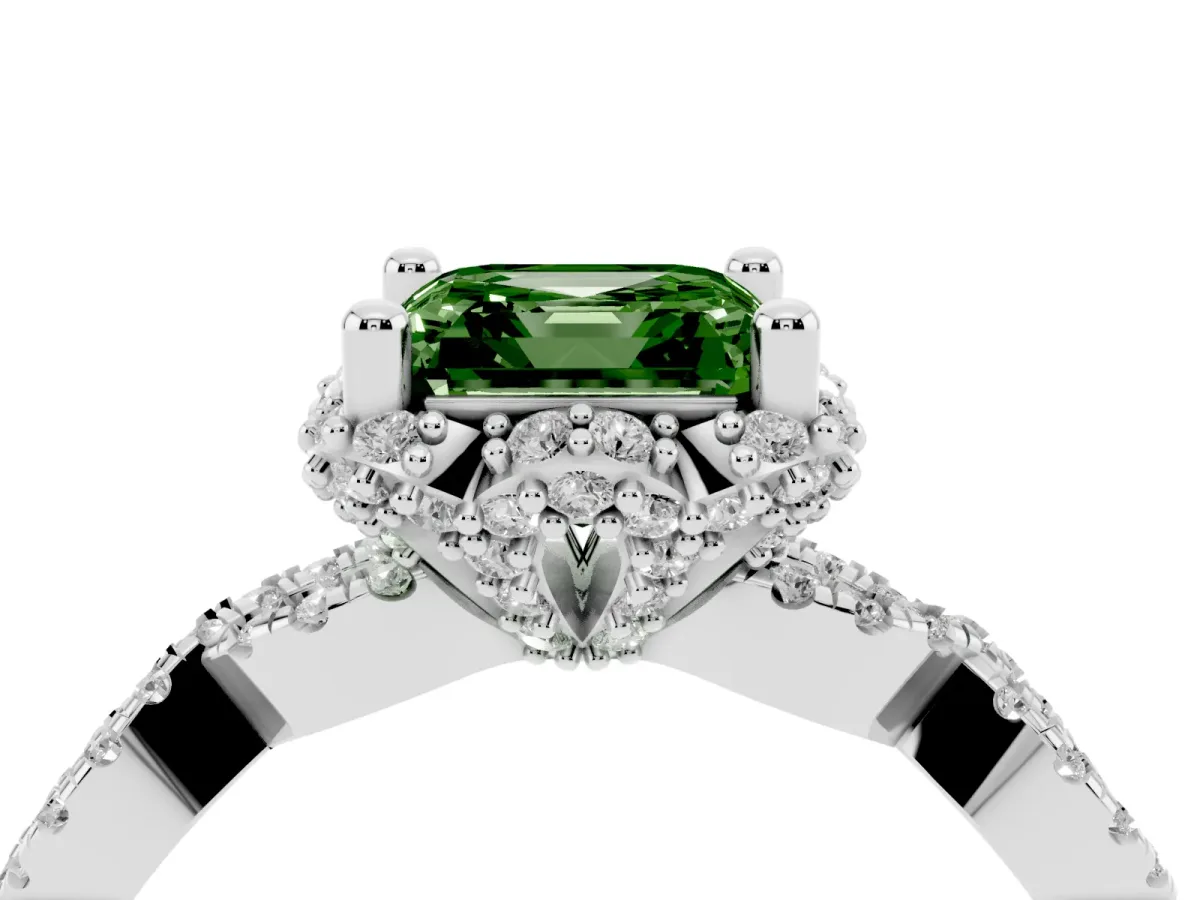 Fancy Green Asscher Cut Halo Twist Band Solitaire Ring with Six-Prong Setting Silver