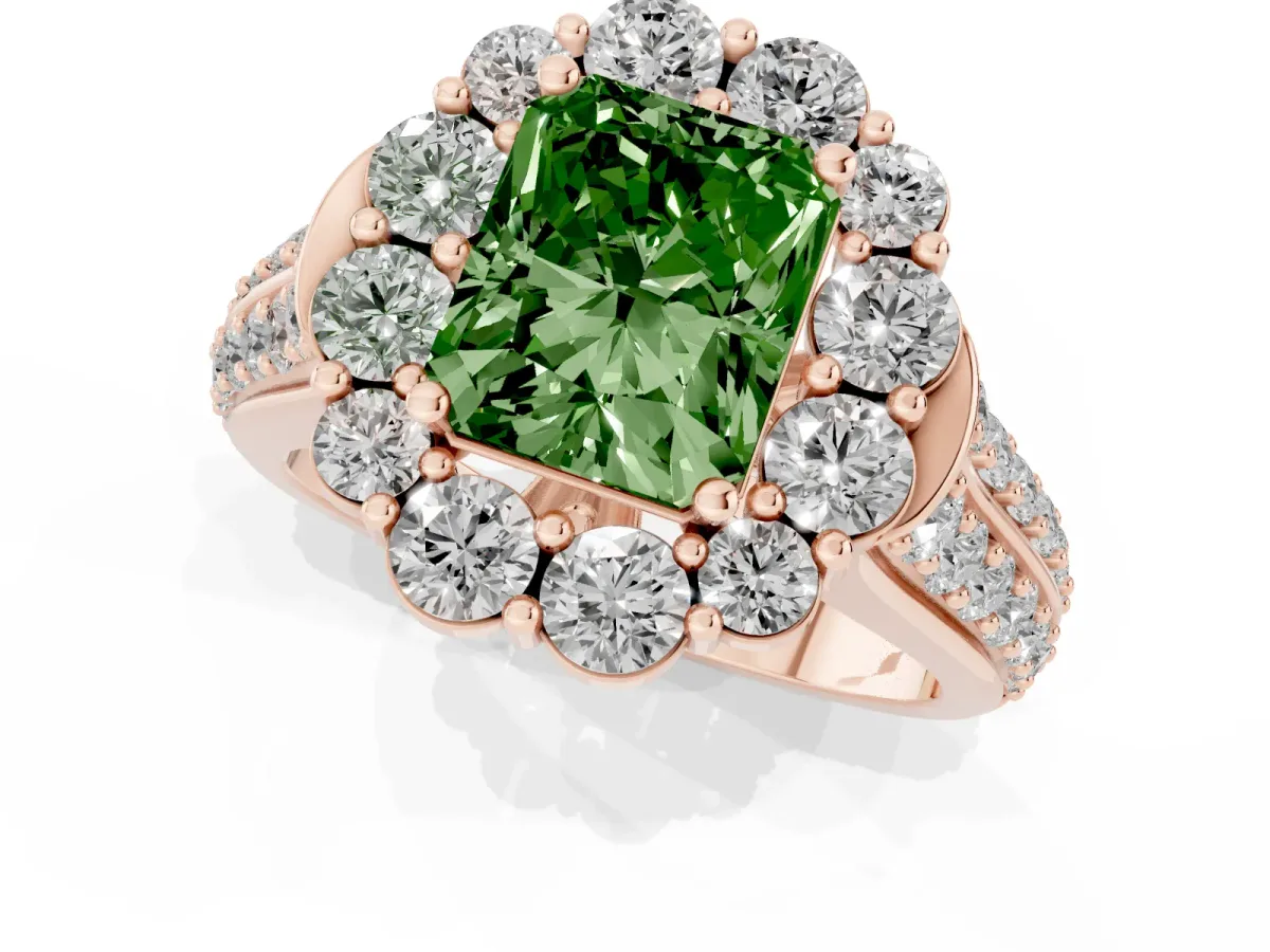 Fancy Green Radiant Cut Halo Diamond Engagement Ring with Split Shank and Prong Setting Rose gold