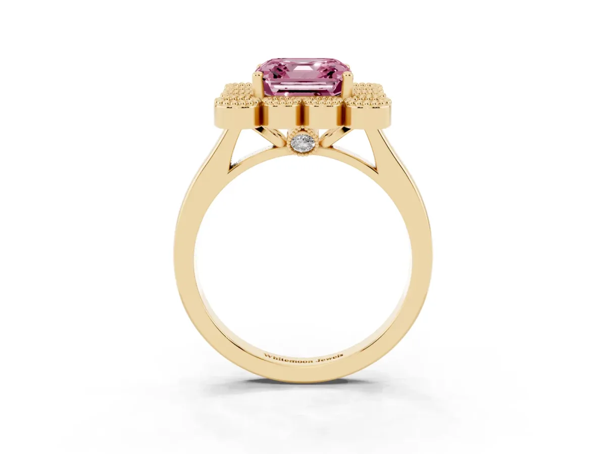 Fancy Pink Asscher Cut Halo Diamond Cluster Engagement Ring with Milgrain Bezel Setting and Solitaire Band Yellow gold