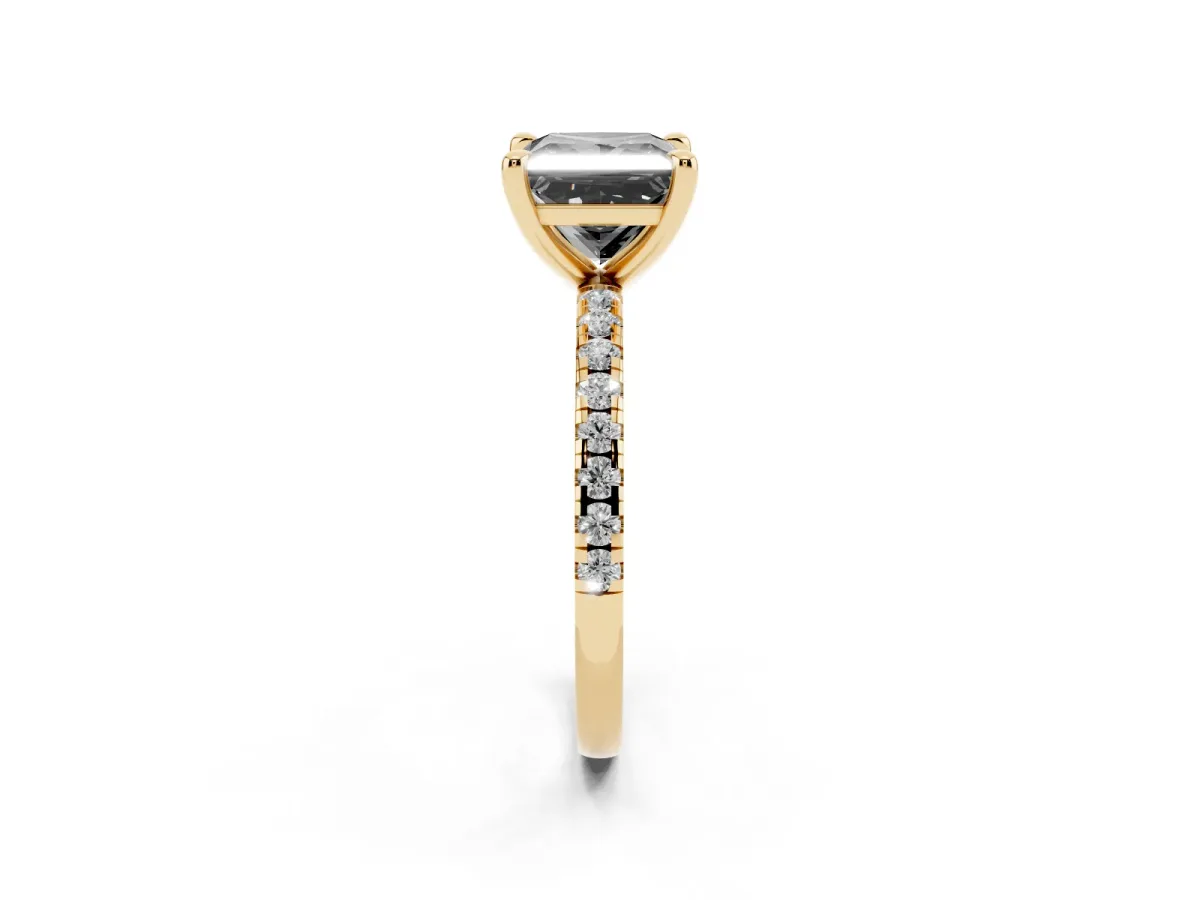 Fancy Black Princess Cut Diamond Brilliant Solitaire Ring with Pavé Band and Four-Prong Setting Yellow gold