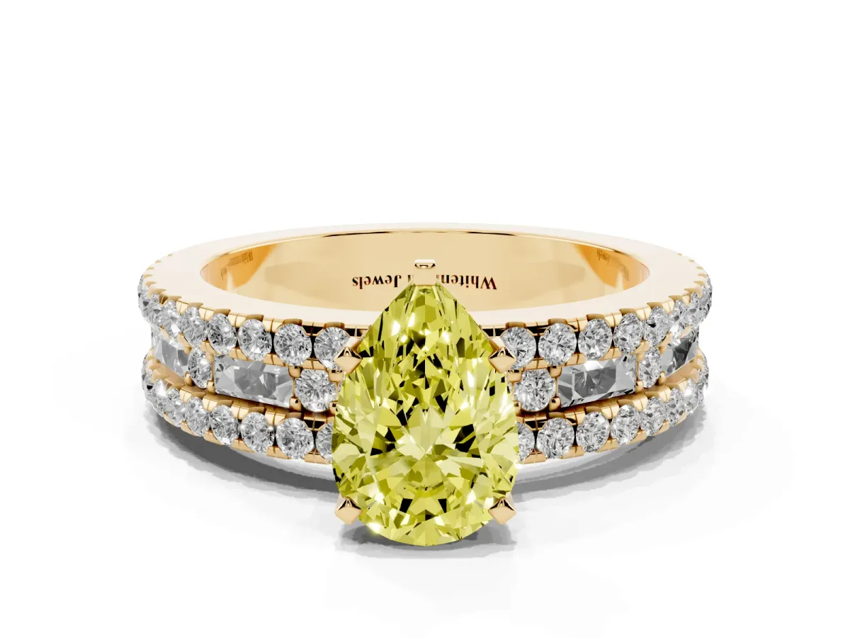 Fancy Yellow Pear Cut Diamond Solitaire Ring with Pavé and Channel Set Band Yellow gold
