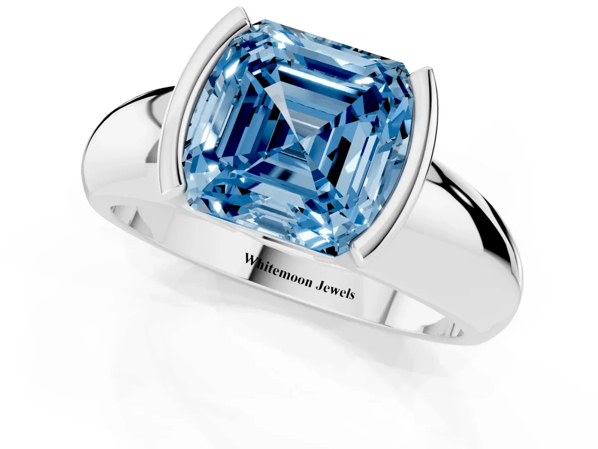 Fancy Blue Asscher Cut Solitaire Tension Set Diamond Ring with Wide Band White gold