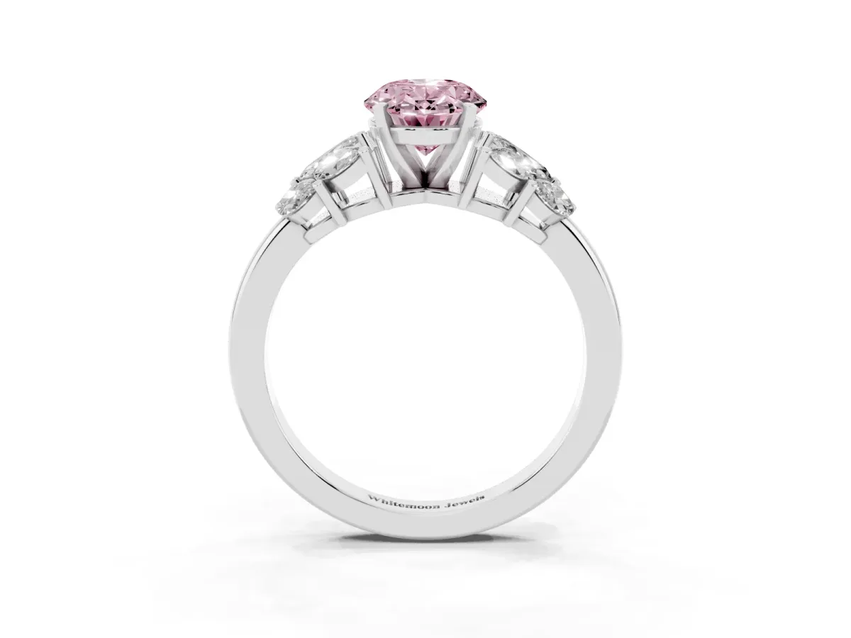 Fancy Pink Oval Cut Diamond Cluster Leaf Design Ring with Prong Setting Platinum