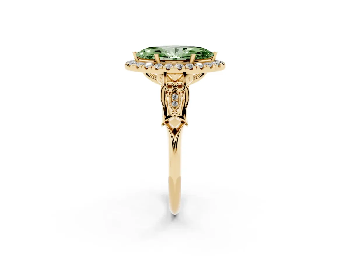 Fancy Green Marquise Cut Halo Diamond Engagement Ring with Filigree Band and Four-Prong Setting Yellow gold