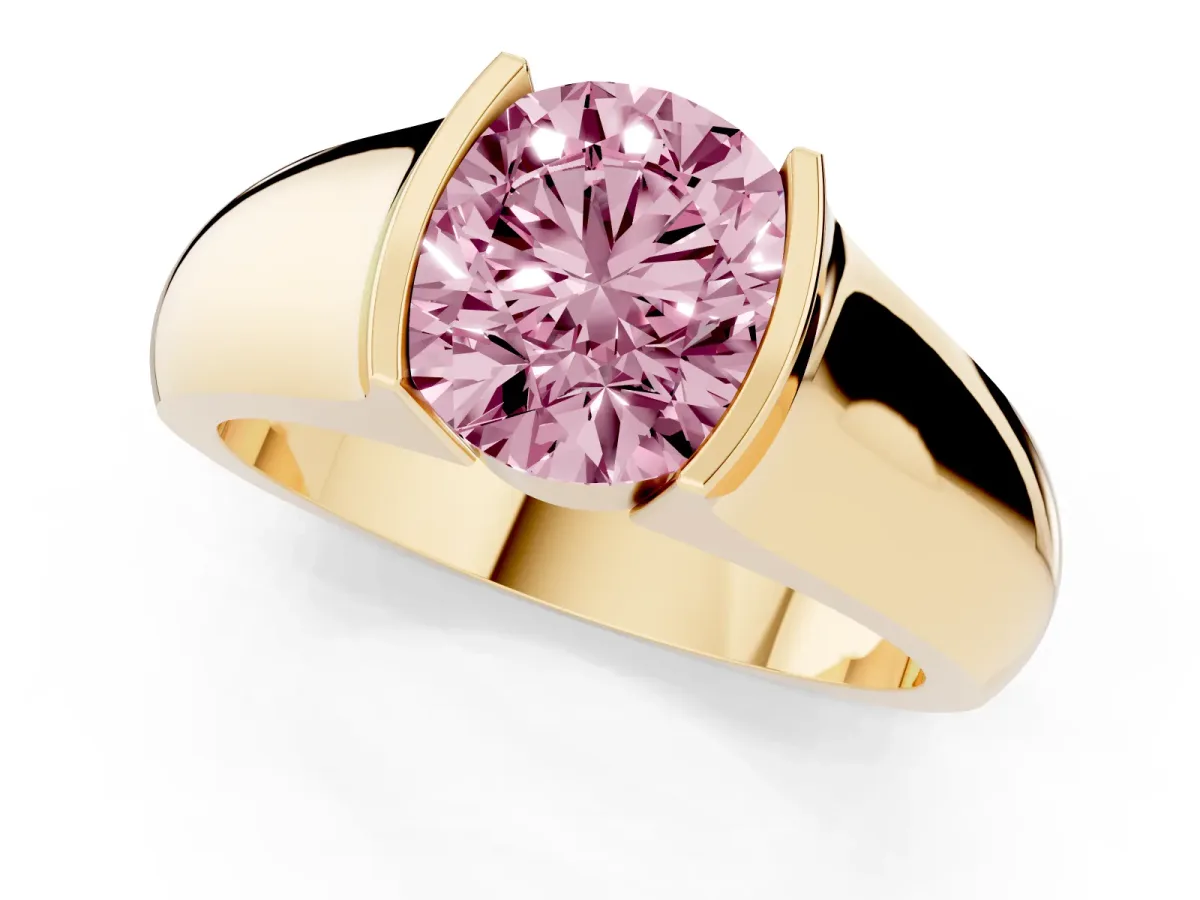 Fancy Pink Round Cut Solitaire Bezel Set Diamond Ring with Wide Band Yellow gold