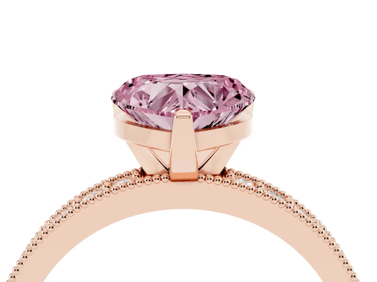 Fancy Pink Heart Cut Diamond Milgrain Pavé Engagement Ring with Four-Prong Setting Rose gold