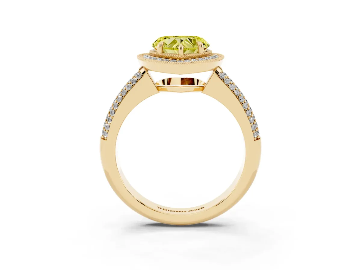 Fancy Yellow Heart Cut Cut Halo Diamond Pave Band with Four-Prong Setting Yellow gold