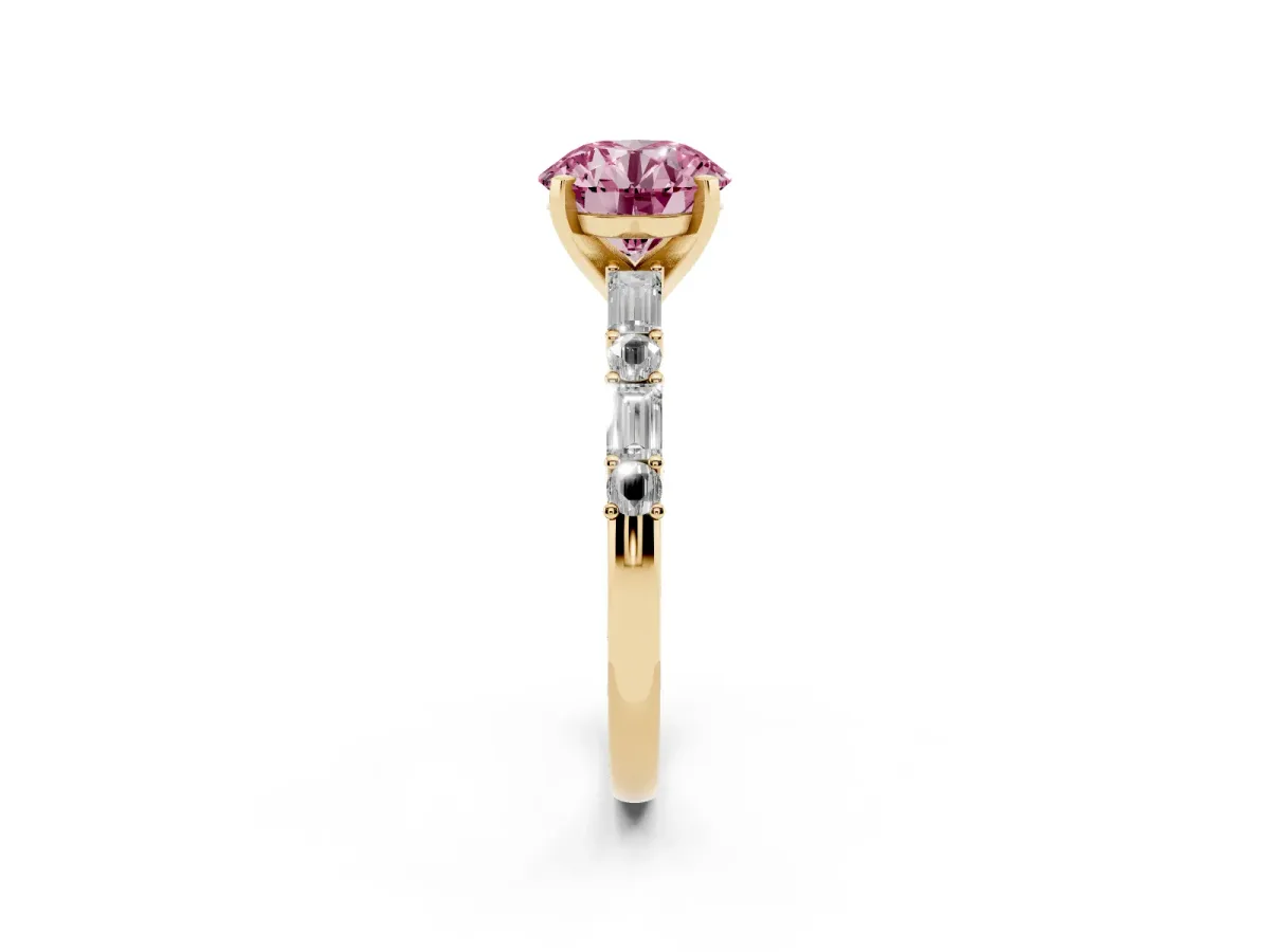 Fancy Pink Round Cut Diamond Solitaire with Side Baguettes and Channel Set Band Yellow gold