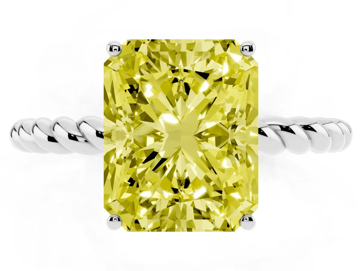Fancy Yellow Radiant Cut Solitaire Twist Band Ring with Four-Prong Setting Silver
