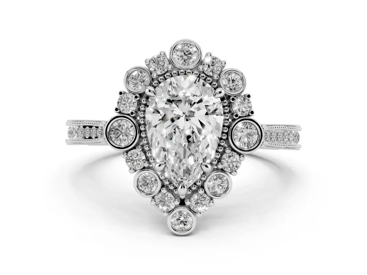 Pear Cut Halo Milgrain Pave Diamond Ring with Four-Prong Setting Silver