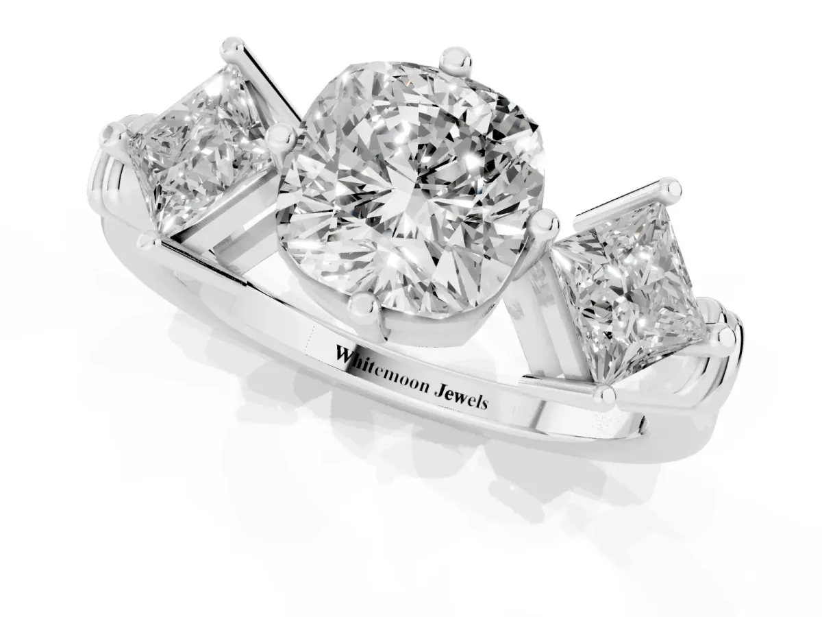 Three-Stone Cushion Cut and Princess Cut Diamond Ring with Channel Band and Four-Prong Setting White gold