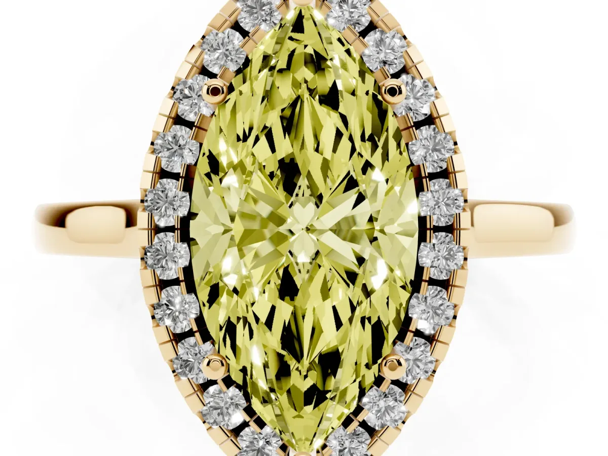 Fancy Yellow Marquise Cut Halo Round Diamond Solitaire Ring with Pavé Band and Four-Prong Setting Yellow gold