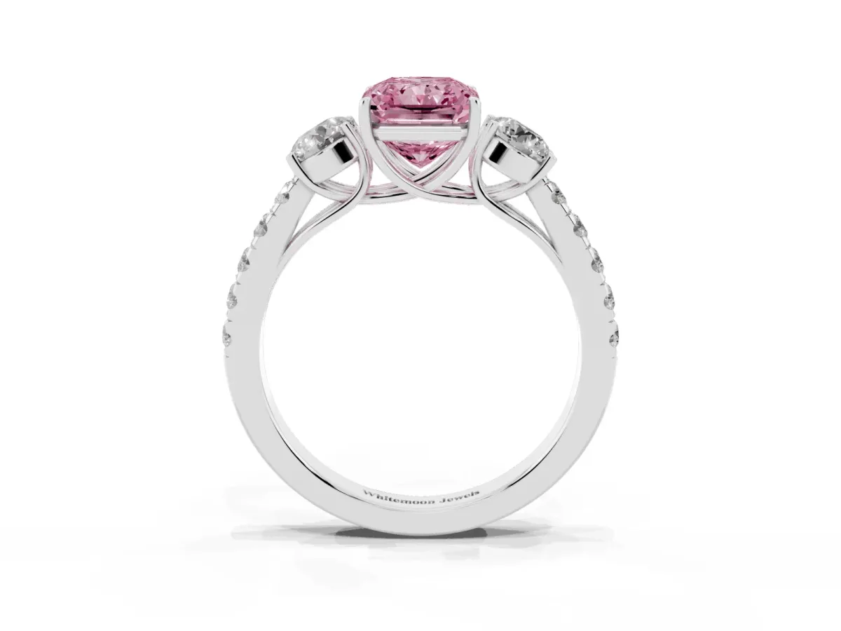 Fancy Pink Radiant Cut Cut Diamond Three-Stone Ring with Round Side Stones and Pavé Band Silver