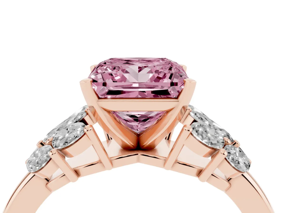 Fancy Pink Princess Cut Diamond Cluster Leaf Design Ring with Prong Setting Rose gold
